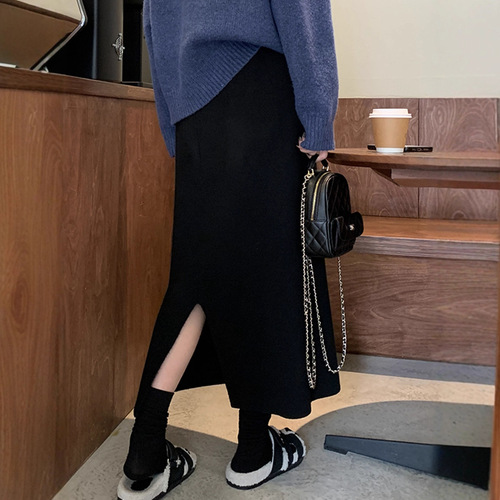 KANING Integrated Knit Semi-Skirt 2025 Autumn/Winter Thicken Fleece Slimming Pencil Skirt