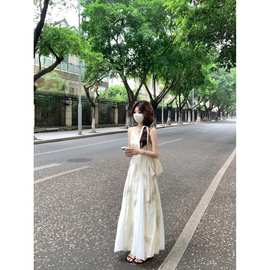 新中式中国风复古水墨吊带连衣裙女夏季新款拼接收腰大裙摆长裙子