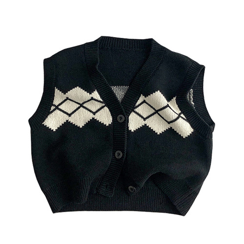 Temperament Korean version ~ simple jacquard ~ spring and autumn children's sweater vest cardigan western style men's and women's knitted shorts suit