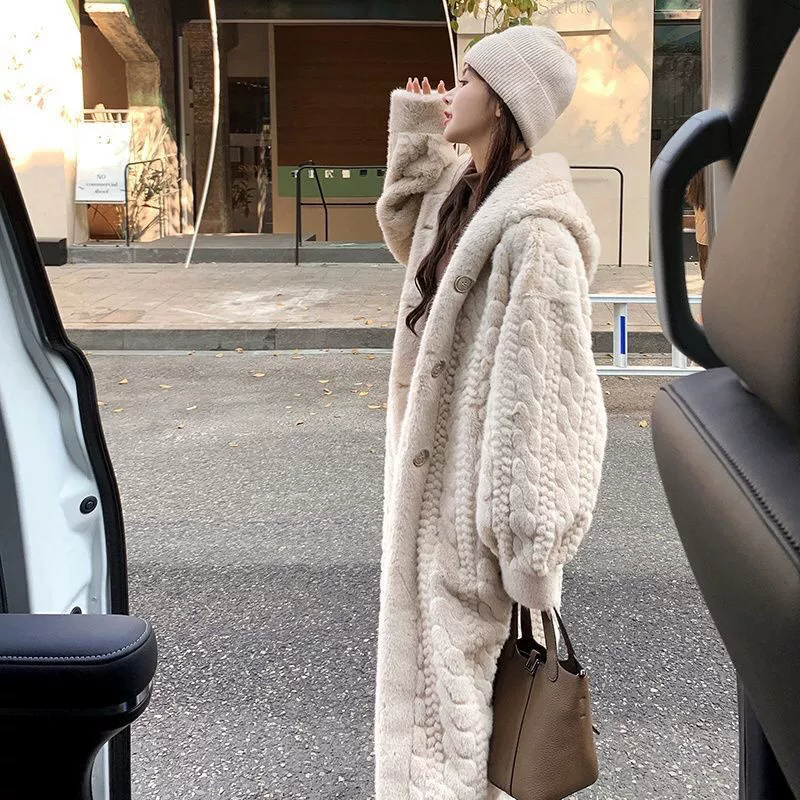 Зимняя меховая куртка-кардиган 2025 года, имитация норки, с капюшоном, длинная, утолщенная, вязаная, для женщин