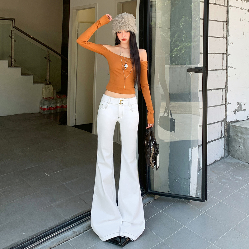 【Jinyin】American Retro Off-White Slimming Low-Waist Double-Breasted Patchwork Pocket Design Flared Jeans for Women