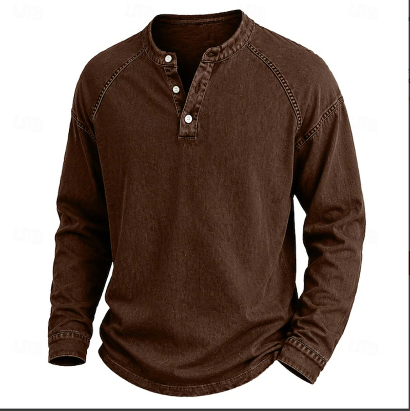 Men's Henry Cow Long Sleeve Top, American Style Solid Color Vintage Streetwear, Washed and Distressed Sweatshirt, Cross-Border Men's Henry Cow Long Sleeve Top, American Style Solid Color Vintage Streetwear, Washed and Distressed Sweatshirt, Cross-Border