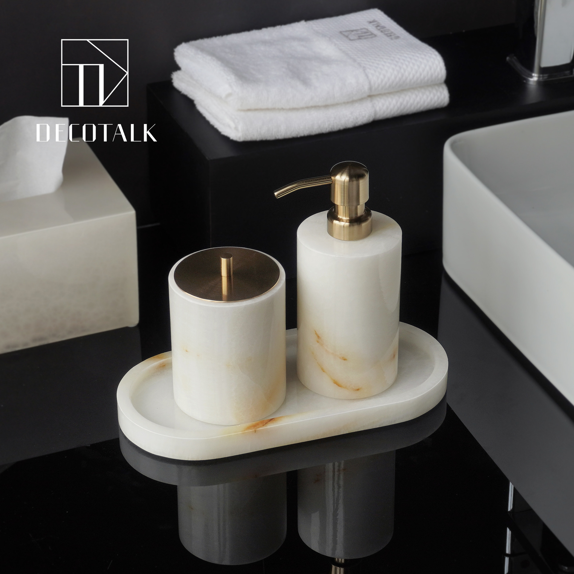 DecoTalk, lujo ligero, estilo antiguo, jade blanco, mármol natural, kit de lavado de baño, bandeja de caja de pañuelos de aromaterapia