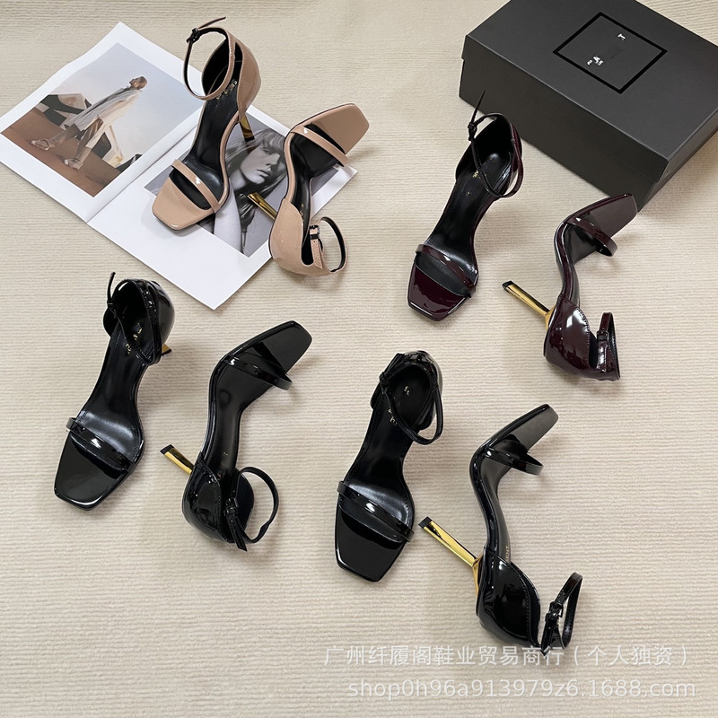 2025 New Square Toe Nude High Heels Stiletto Sexy Gold Heel Black Patent Leather French Strap Sandals for Women