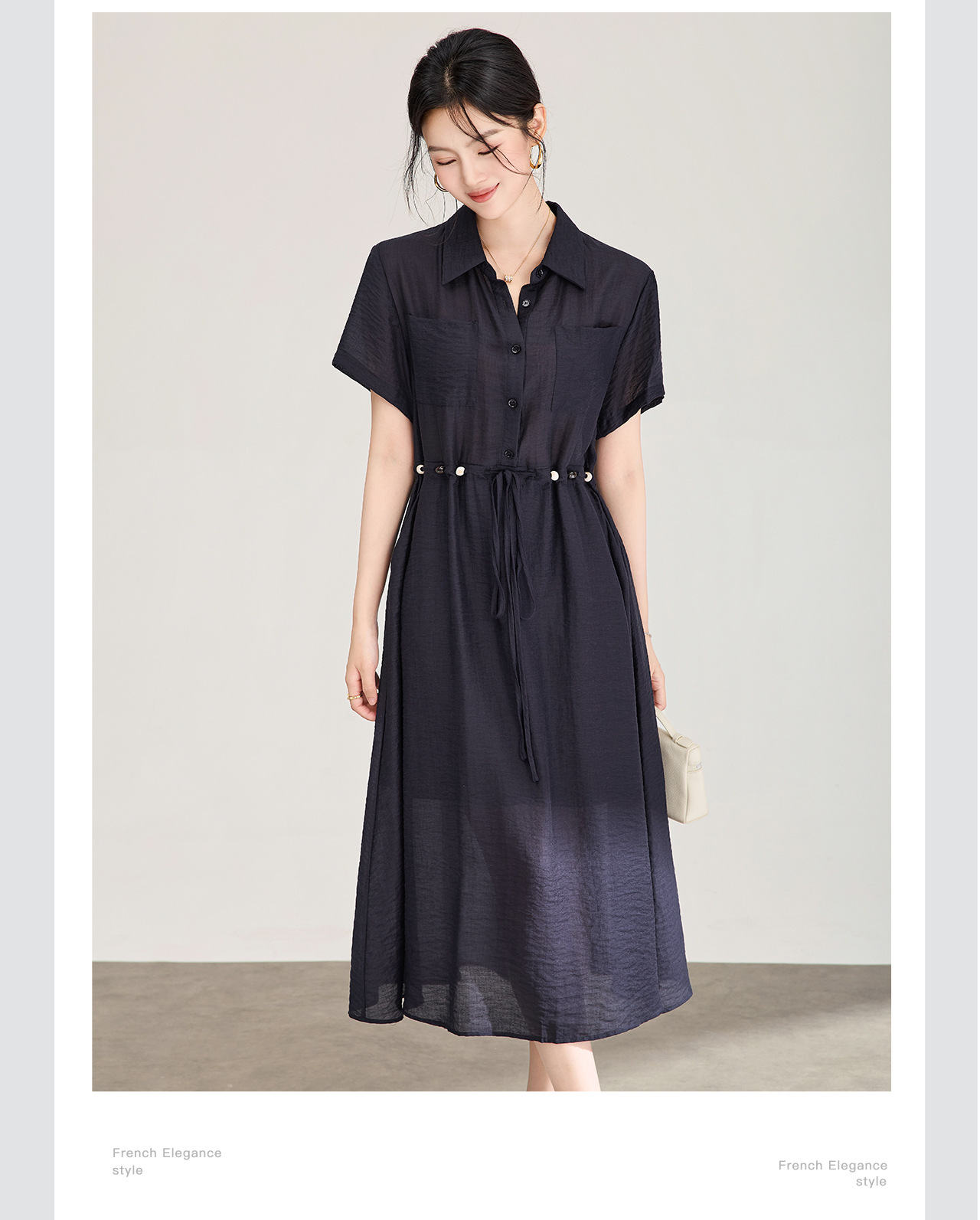 Đầm sơ mi nữ dáng suông chất liệu linen phối cườm nhẹ — màu xanh navy chi tiết 8