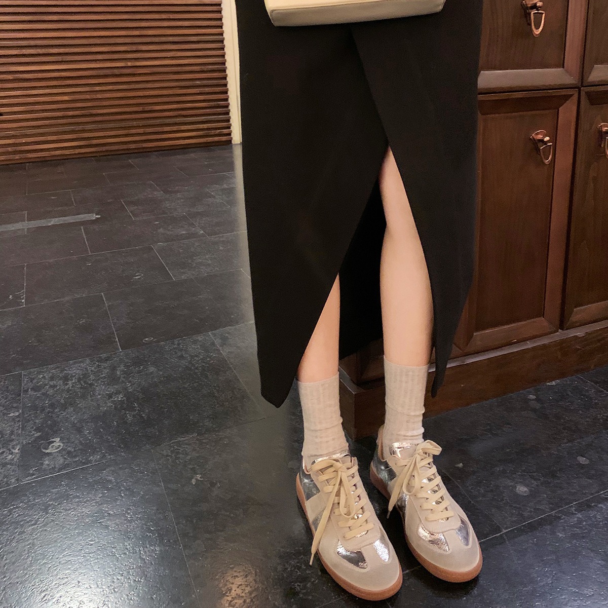 Women's Shoes Grape Mom's new versatile casual moral training shoes classic color blocked round toe sneakers slimming single shoes_voghion.com