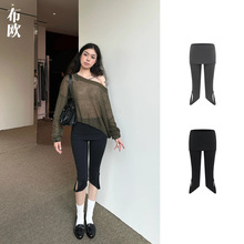 正确版~深圳南油女装批发25春夏小众7分挂耳瑜伽裙裤 深灰色/黑色