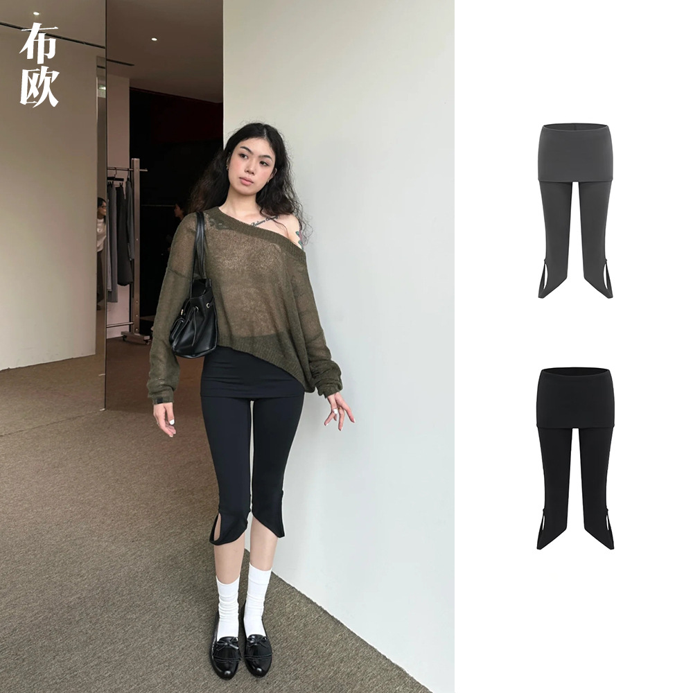 正确版~深圳南油女装批发25春夏小众7分挂耳瑜伽裙裤 深灰色/黑色