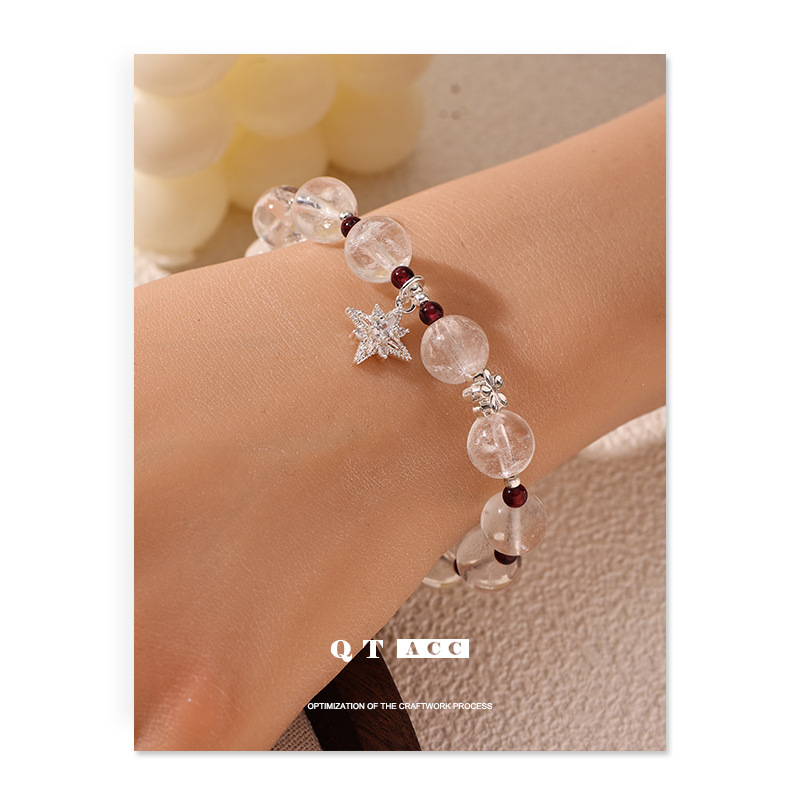 Nuevo estilo chino estrella de goma roja flor granada cristal blanco cristal verde de piedra natural pulsera de cuentas pulsera mujer