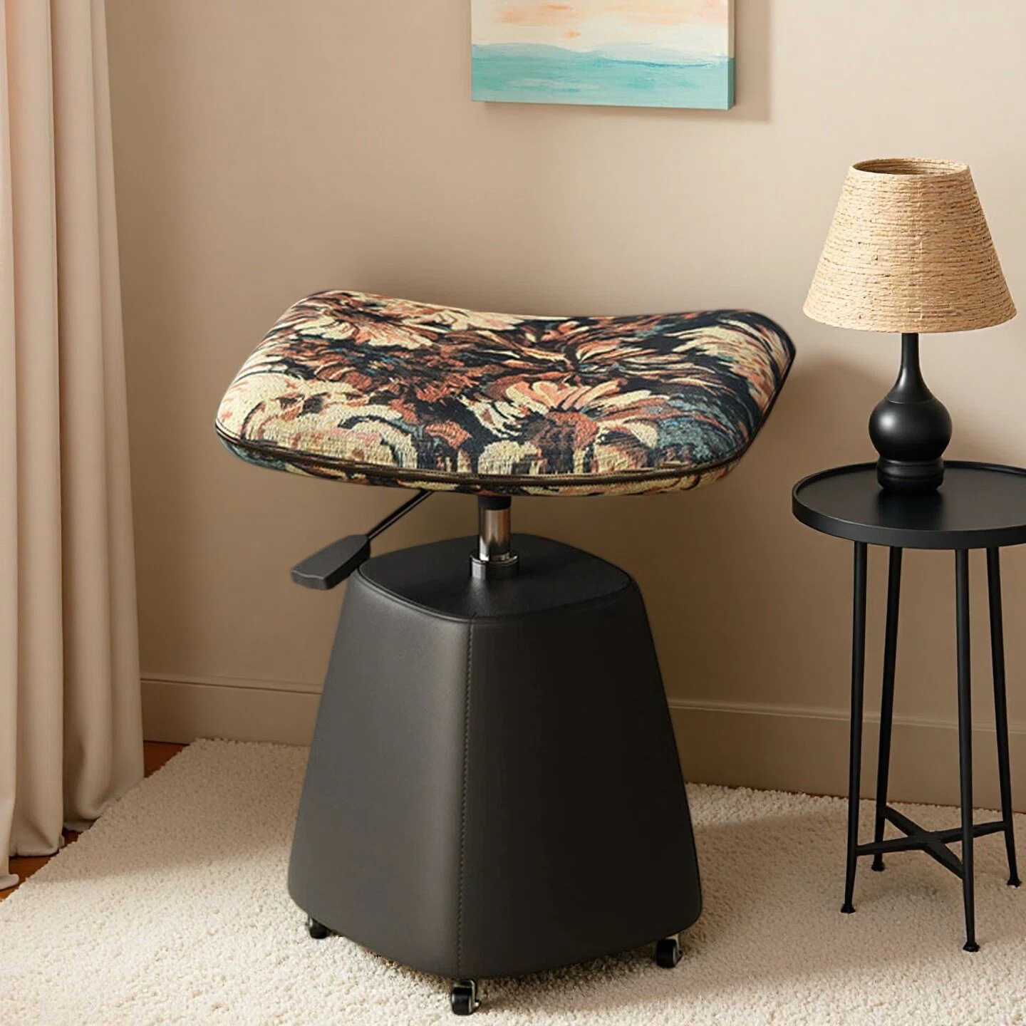 Same-Day Delivery Bedroom Vanity Stool, Rotatable and Height-Adjustable with Wheels, Vintage Makeup Stool, Low Stool for Dressing Table, Solid Wood Makeup Stool