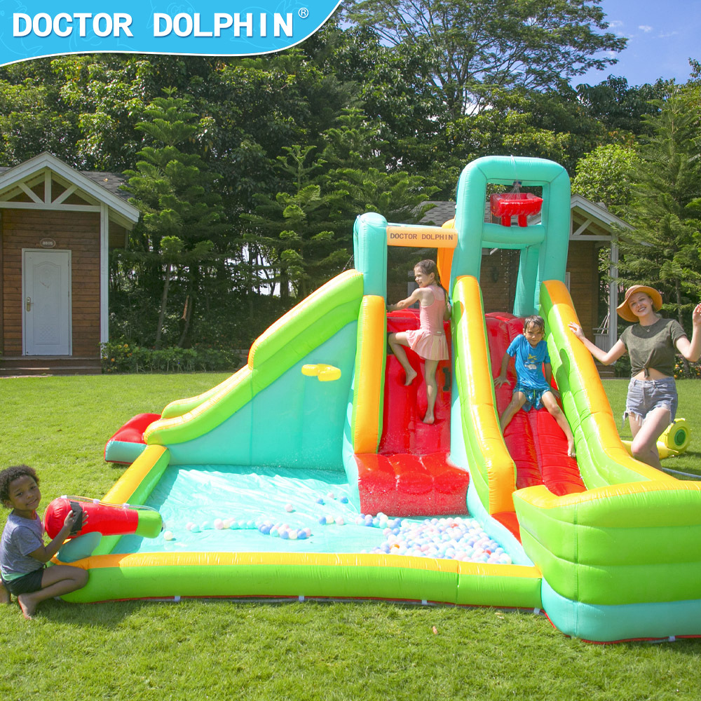 Castillo Inflable Doctor Dolphin, Parque Infantil Interior, Cama Elástica, Tobogán Inflable, Piscina con Rociador de Agua, Castillo Inflable para el Hogar