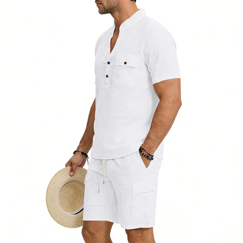 Men's Linen Henley Short Sleeve Shirt & Shorts Set, Breathable Summer Casual Outfit For Outdoor Travel And Daily Relaxation_viptrois.com
