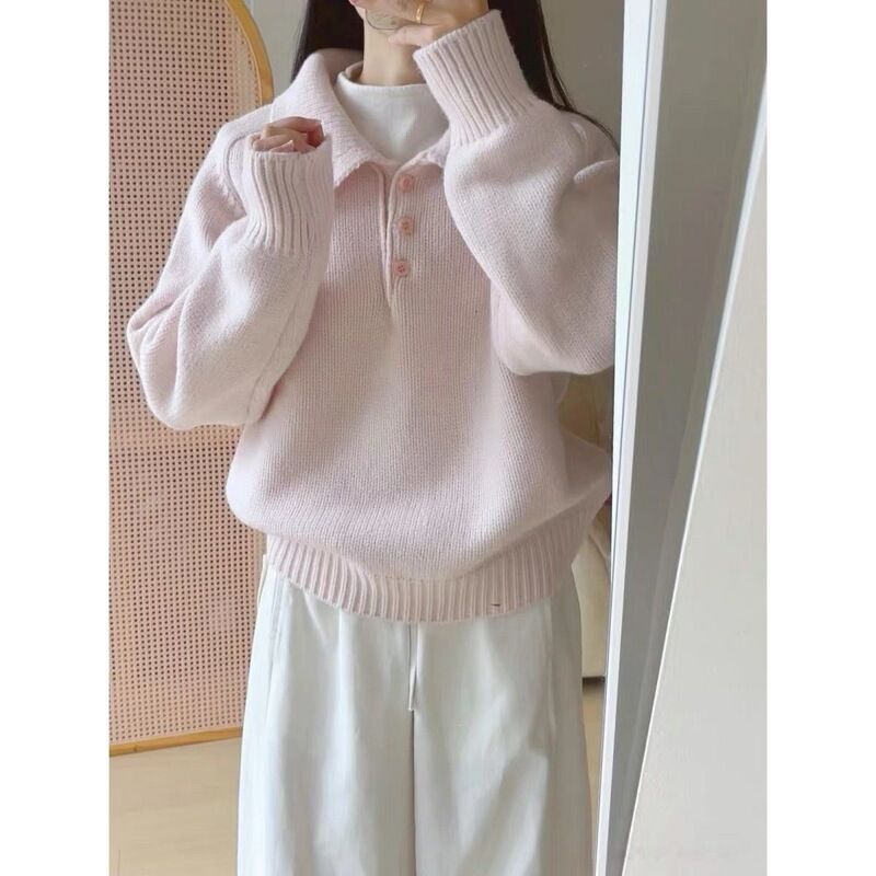Women's pink sweater 2026 new autumn and winter loose casual style knit top in beige, blue, and gray