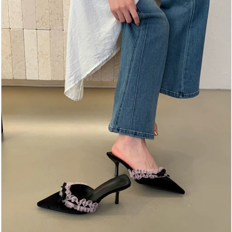 Green Lace Velvet Bow Mule High Heels with French Oil Painting Style, Pointed Toe, Closed-Toe Half Slippers, Large Size Women's Shoes Green Lace Velvet Bow Mule High Heels with French Oil Painting Style, Pointed Toe, Closed-Toe Half Slippers, Large Size Women's Shoes
