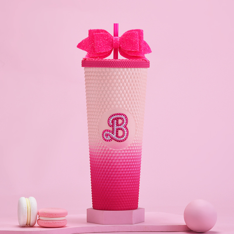 Taza de paja de plástico de doble capa 710ml taza de paja de gran capacidad con brillo arco mano taza Durian taza