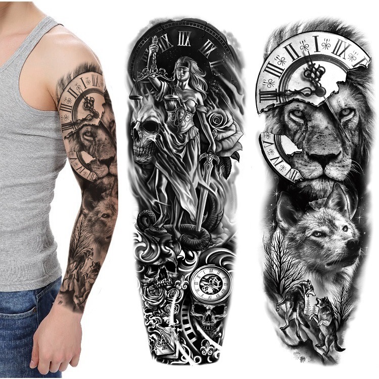 Full Arm Flower Arm Large Pattern European and American Style Lion Wolf Sexy Simulation Tattoo Cross-border Spot Water Transfer Tattoo Sticker