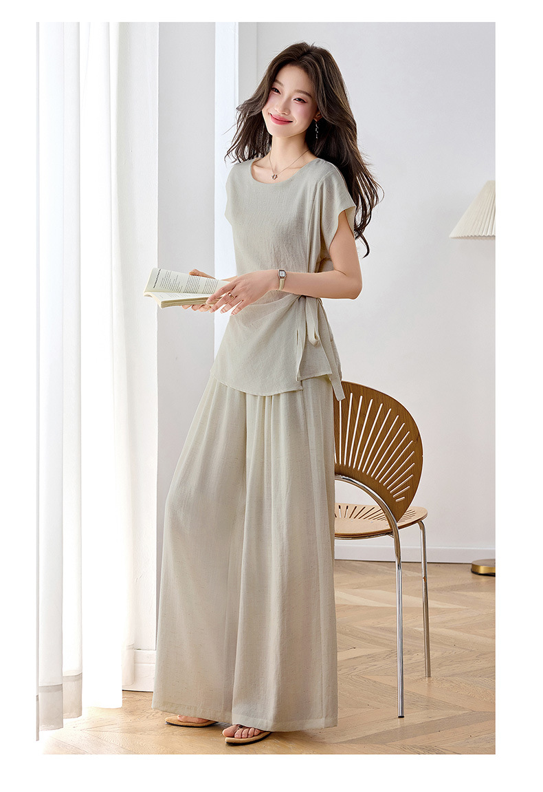 Bộ áo thun cổ tròn nơ buộc kết hợp quần ống rộng nữ 2 món — xanh lam, màu kaki, màu trắng ngà chi tiết 19