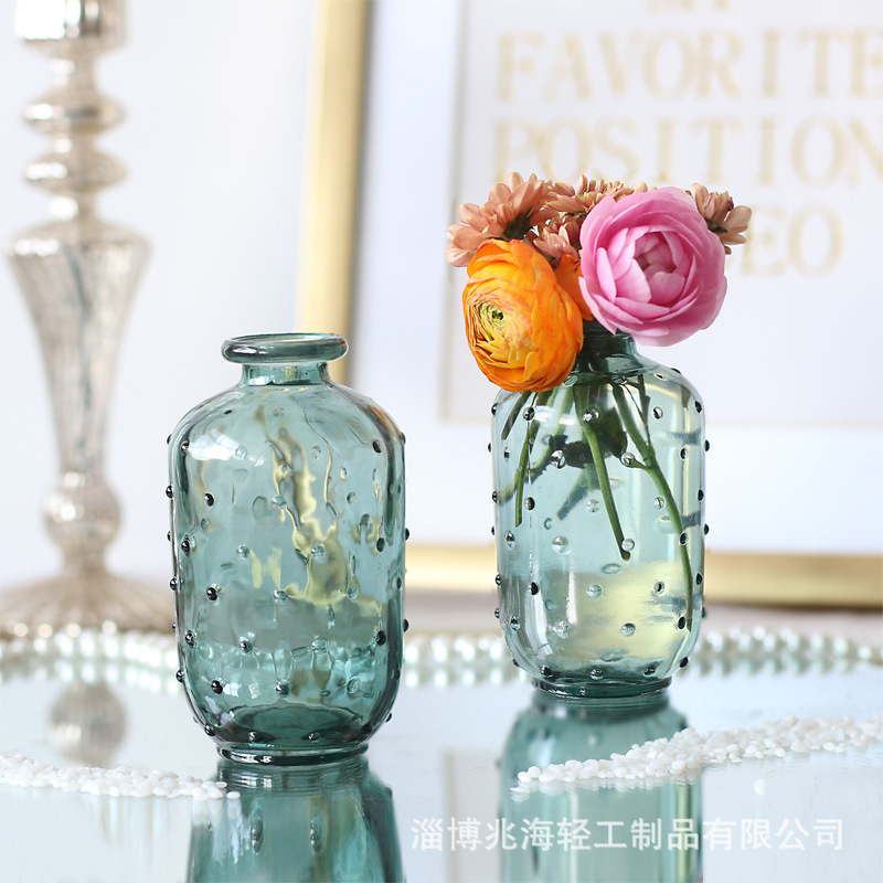 French Madrid glass fan vase retro green wave dot embossed…