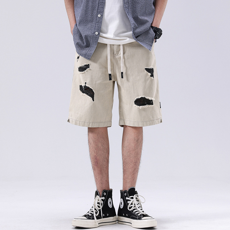 Yidao Vintage Summer Youth Japanese Loose Denim Shorts Personality Ripped All-match Men's Pants