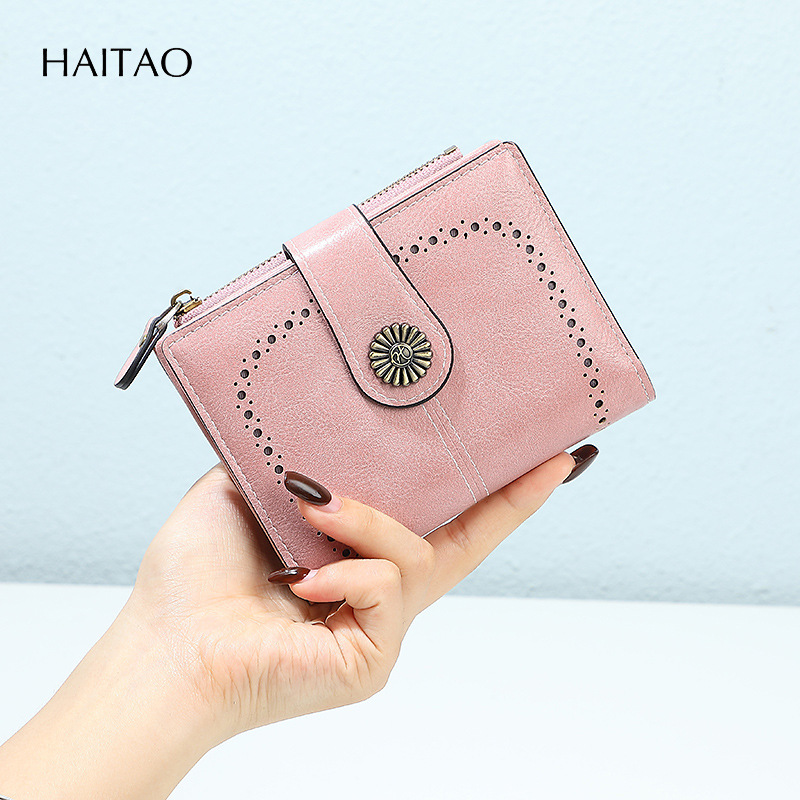 Bolso de mano de cuero graso para mujer Bolso de moneda con cremallera corta retro Bolso de tarjeta de monedero multifuncional hueco 2025 estilo caliente
