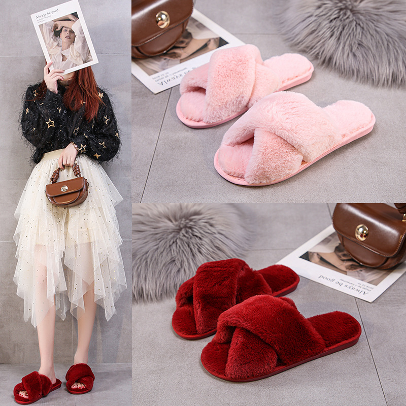 New Cross Plush Slippers Amazon Cross-border Cotton Slippers Rainbow Color Autumn and Winter Korean Style Casual Wool Slippers Women