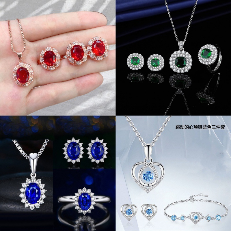 Amazon Foreign Trade Blue Red Yellow Green Purple White Gemstone Zircon Necklace Set Ring Earrings Pendant Women's Light Luxury High-End