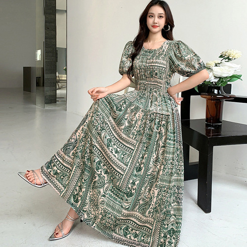 Cotton-linen chiffon French retro style summer short-sleeve floral maxi dress Bohemian pastoral style beach dress