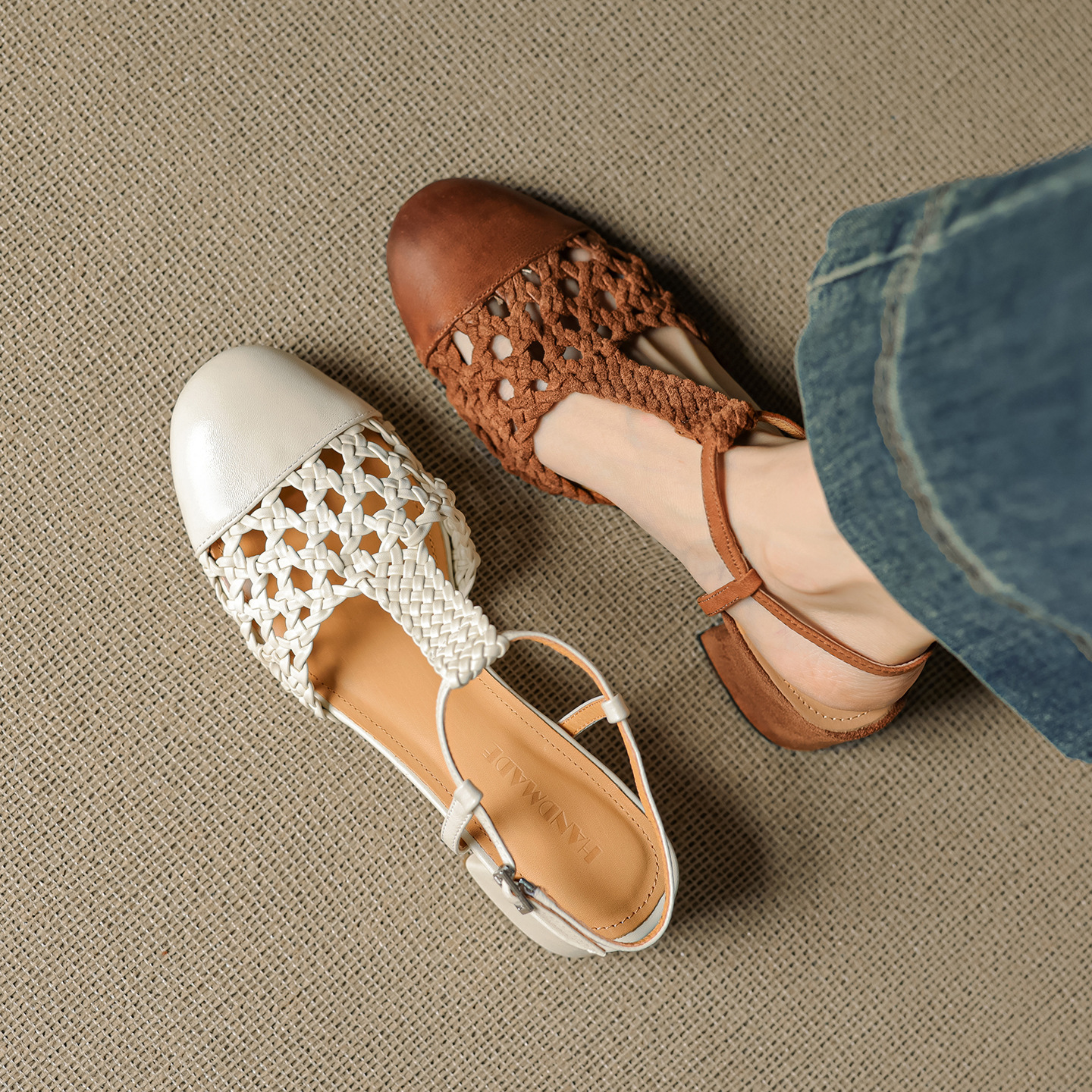 Sandal nữ quai ngang gót thô 5 cm, dây đan kiểu La Mã — màu nâu