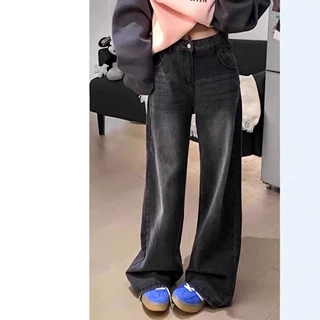 黑灰色直筒牛仔裤女秋季新款美式复古高腰长裤宽松显瘦拖地阔腿裤