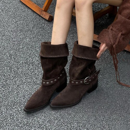 New Retro Thick Western Block Heels Wide Leg Mid-Calf Boots pointed toe leather strap buckle trendy faux leather knight boots