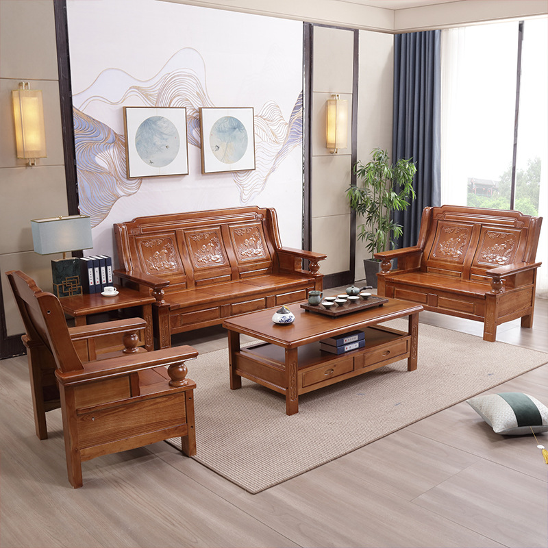 实木沙发组合客厅中式木质沙发 经济型农村香樟木耐用老式木沙发