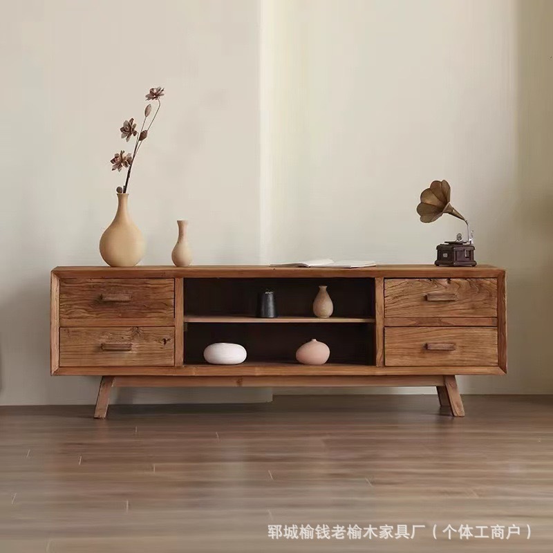Old Elm Tv Cabinet Retro Storage Cabinet Living Room Drawer Rectangular Low Cabinet Solid Wood Sideboard Wabi-Sabi Style Side Cabinet