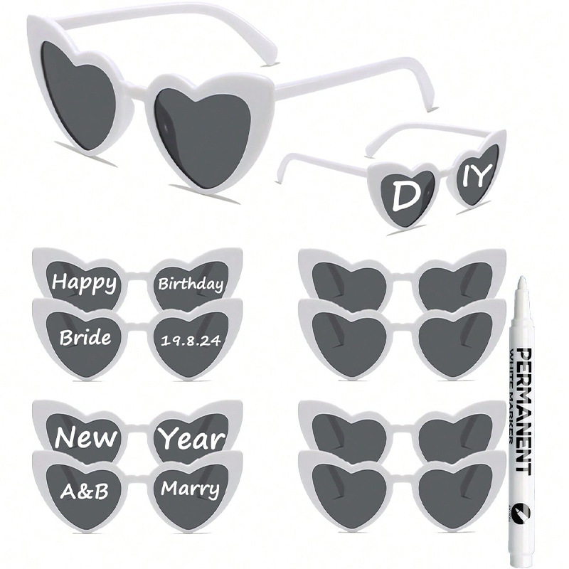 Set Of 10 Pairs + 1 Pen, Personalized Stylish DIY Plastic Heart-shaped Sunglasses For Party And Holiday Dress-up_voghion.com