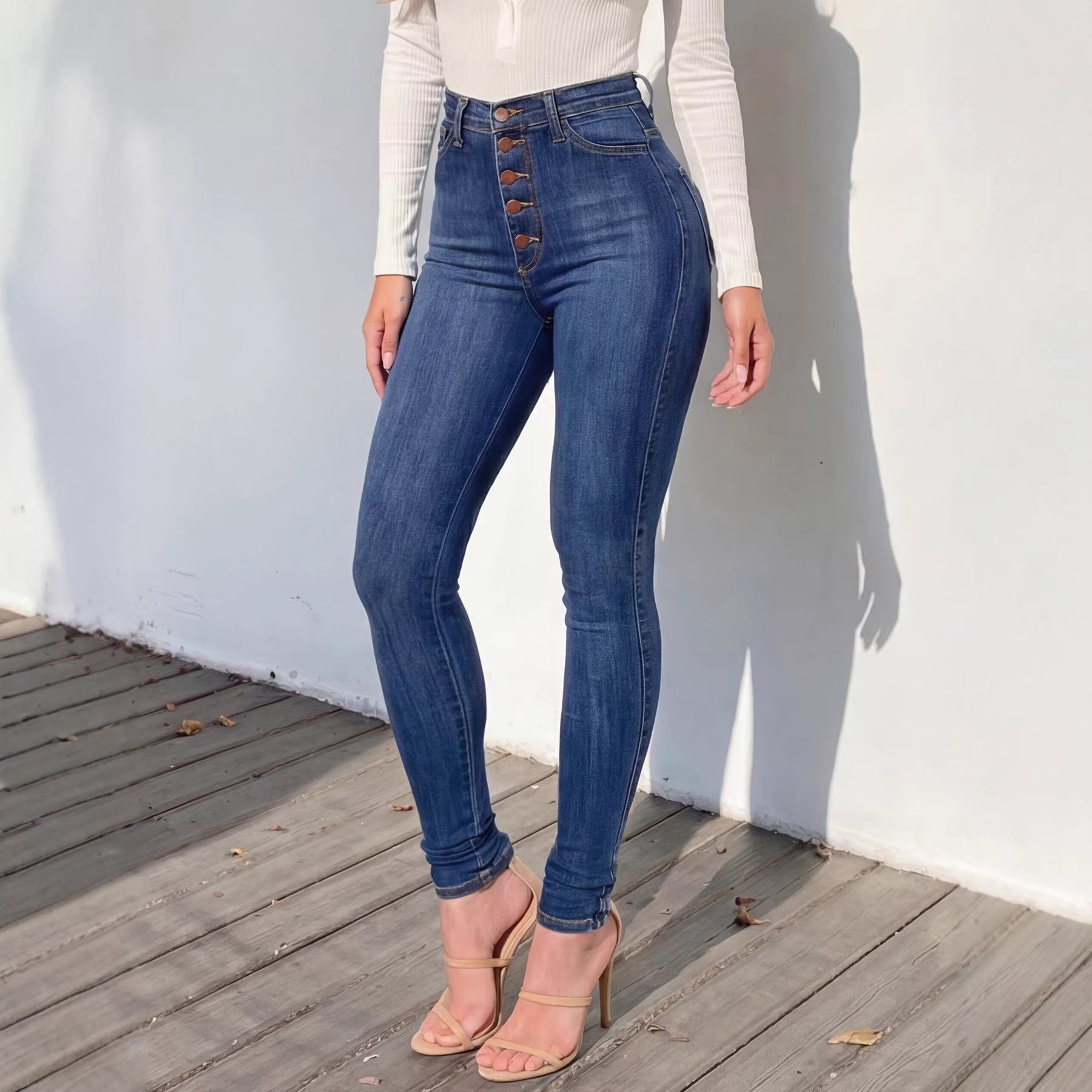 Jeans Ajustados Elásticos de Cintura Alta con Botones, Estilo Europeo y Americano, Moda Femenina Amazon 2026, Nuevo Estilo