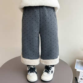 女童假两件加绒裤子2025新款儿童加厚波点休闲裤冬季保暖翻边棉裤