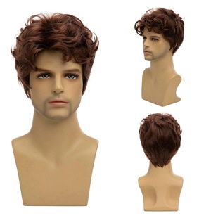 2025 New Foreign Trade Men's Hair Partial Red-Brown Short Curly Hair Men's Short Hair European and American Style Three-Seventy Men's Short Hair