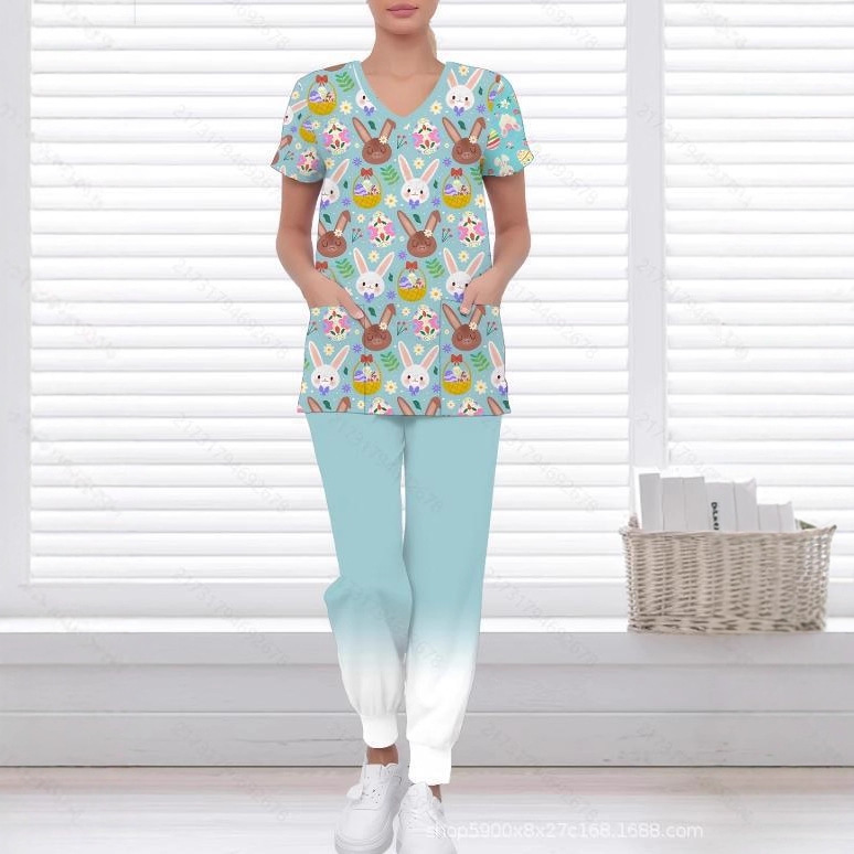 Women's V-neck nursing uniform short-sleeved set, summer printed T-shirt, nurse uniform, two-piece set, available on Amazon and AliExpress.
