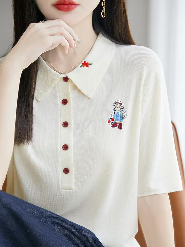 2025夏季天丝莱赛尔polo领刺绣短袖女气质宽松黑白条纹针织上衣新|undefined
