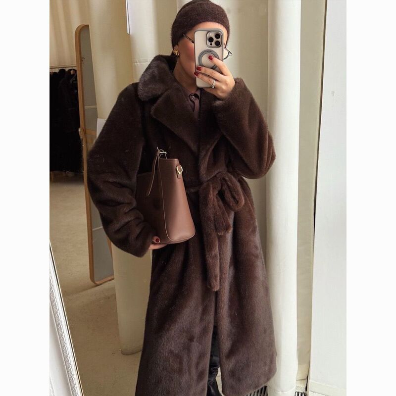 Cross-Border Women's Fashion Thickened Warm Fur Coat with Belt, Eco-Friendly Faux Mink Fur, Artificial Fur, Long Coat Cross-Border Women's Fashion Thickened Warm Fur Coat with Belt, Eco-Friendly Faux Mink Fur, Artificial Fur, Long Coat