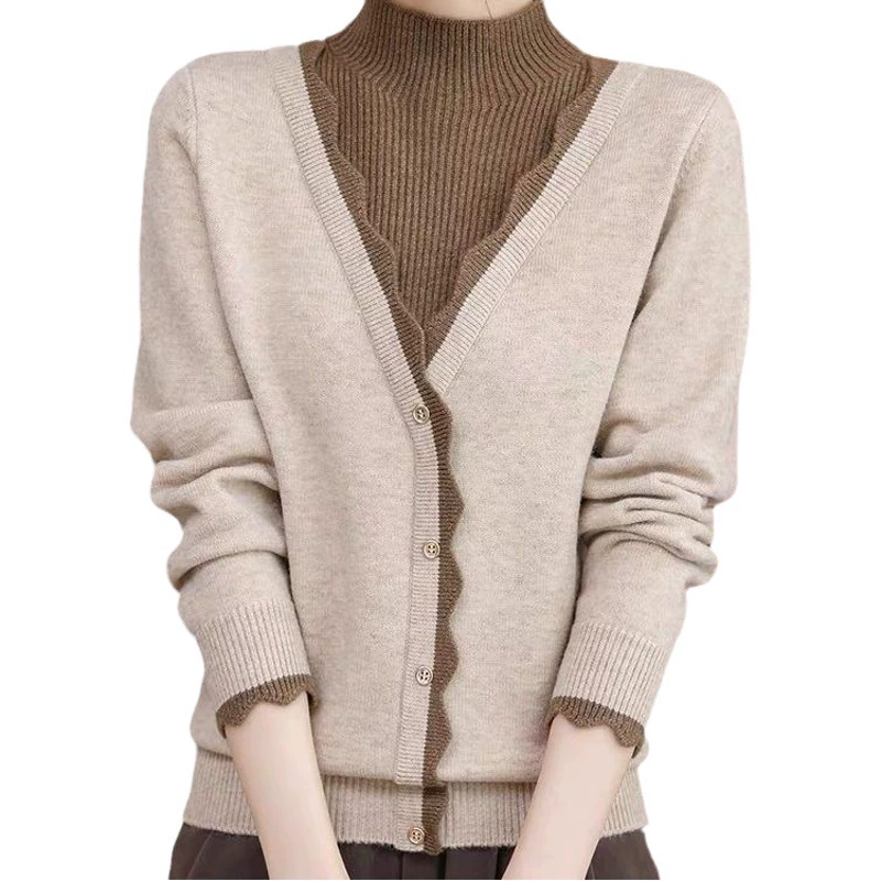 Зимний женский свитер с воротником-стойкой, имитация двухслойного дизайна, с начесом, универсальный для повседневной носки, утолщенный и теплый.