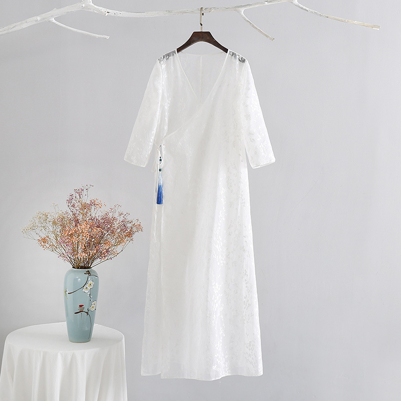 Tea Fu new ethnic style artistic retro silk linen jacquard dress Hanfu cross collar daily style dress women's improved Tea Fu new ethnic style artistic retro silk linen jacquard dress Hanfu cross collar daily style dress women's improved