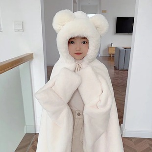 Winter fleece-lined Thickened Nap Blanket Primary School Children's Riding Shawl Cape Hat Gloves One-piece Cloak Warm