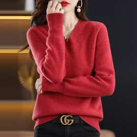 秋冬装新款纯羊毛打底衫女上衣V领宽松显瘦加厚短款长袖针织毛衣