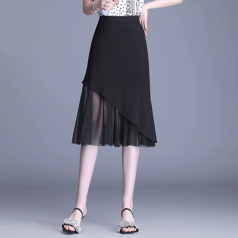 Черная юбка женская на весну и лето 23 года, новая тонкая юбка-годе с высокой талией, сетчатая юбка средней длины с прострочкой на бедрах
