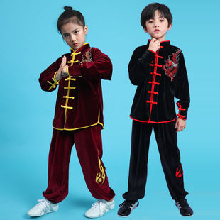 Children's Martial Arts Performance Tai Chi Uniforms for Boys and Girls, Long-Sleeved Autumn and Winter Thickeneded Gold Velvet Practice Kung Fu Performance Clothing
