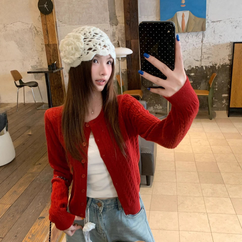 Red Sweater Cardigan for Women, Autumn and Winter Outerwear, Christmas Atmosphere Outfit, Knitted Jacket, Twist-Pattern Top Red Sweater Cardigan for Women, Autumn and Winter Outerwear, Christmas Atmosphere Outfit, Knitted Jacket, Twist-Pattern Top