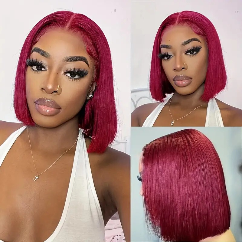 European and American Fashion Burgundy Lace Front Medium-Length Wig, Cross-Border Hot-Selling Bob Wig Short Hair
