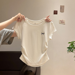 chubby girl Shoulder Short-sleeved T-shirt Women's Base Shirt with 2025 Thin Summer White Slim-fit Slimming Simple Top