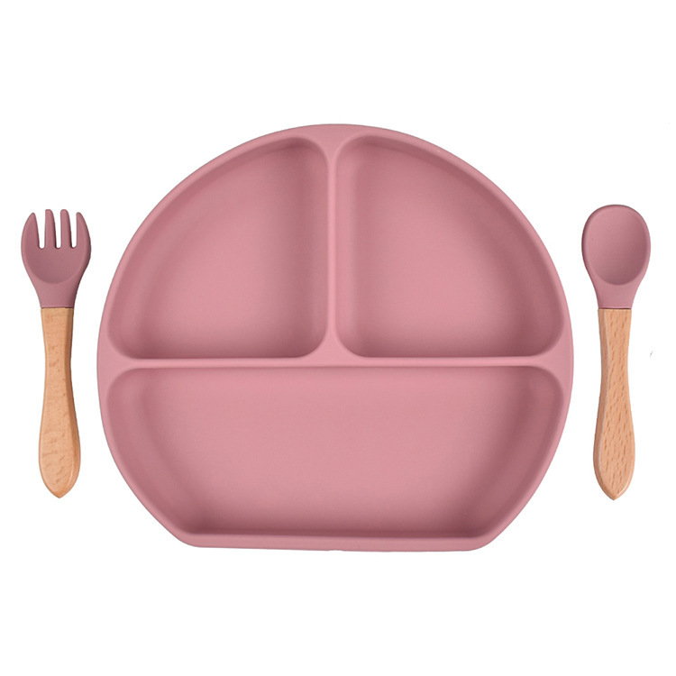 スポット分格子供食器ベビー吸盤シリコンボウル赤ちゃんスプーンストロー一体式シリコン皿|undefined