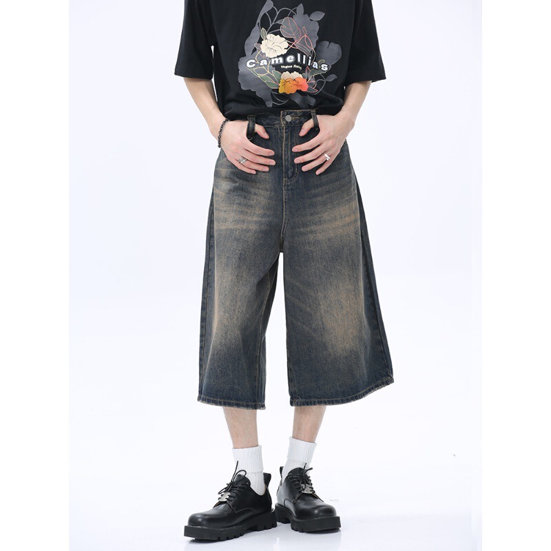 American Style High Street Vintage Old-fashioned Denim Shorts for Men and Women Summer New All-match Loose Wide-leg Straight Cropped Pants